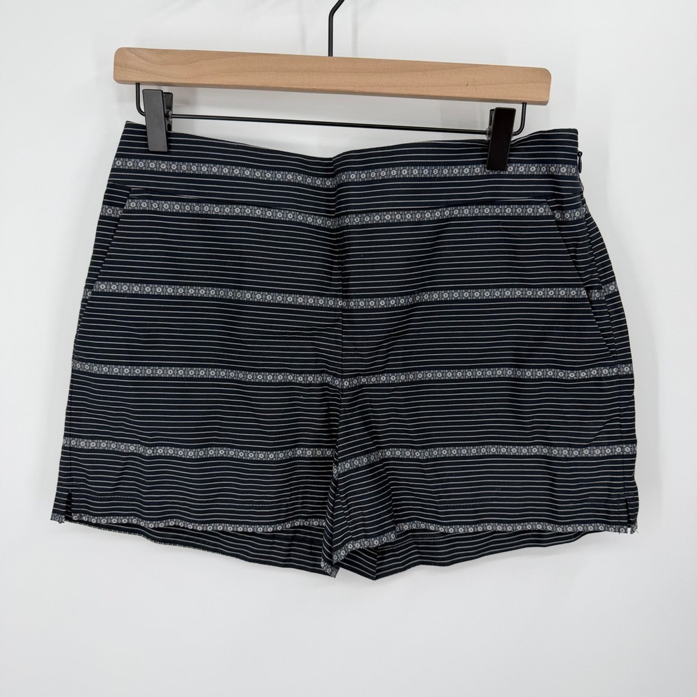 Loft Shorts Women Size 2 Black Striped Geometric Embroidered Side Zip Cotton